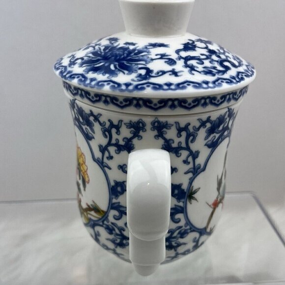 Chinese Porcelain Tea Cup Teacup with Lid Removable Infuser Strainer Floral Blue - Picture 9 of 16